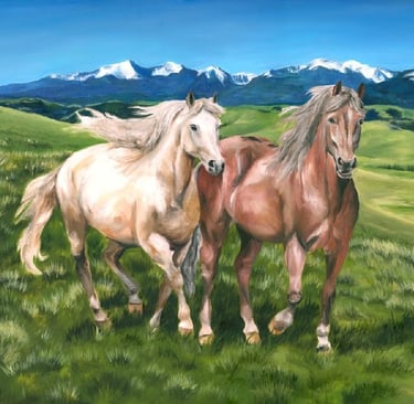 an oil painting of a white and a red horse running across the hills and prairies of Montana