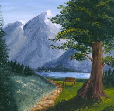 an oil painting of a pathway towards the lake towered by mountains with a bench