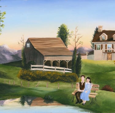 a painting of a romantic couple sitting on a bench in front of a house with a pond
