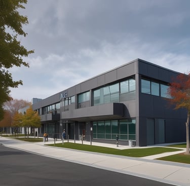 A commercial building with a modern design is visible, featuring dark gray vertical siding. The word