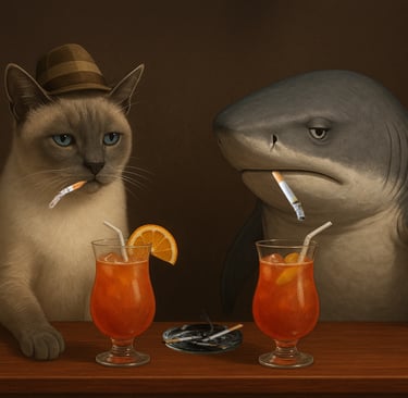 Jeffy the Journalist and a bored-looking shark sit at a bar with cocktails and cigarettes.