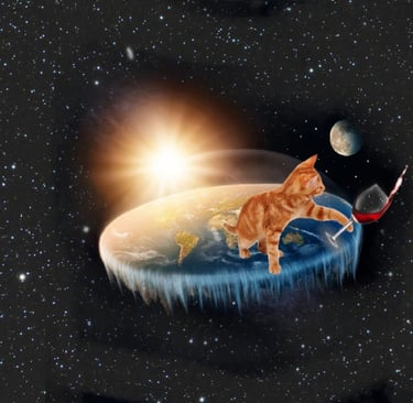 Orange tabby cat testing gravity by pushing a wine glass off a flat Earth in space