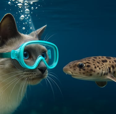 Jeffy the Journalist wearing scuba goggles underwater beside a spotted leopard shark
