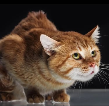 Ginger cat with a hunched, defensive posture and wide alert eyes, typical of a scared shelter cat.