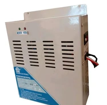 a white and blue power supply unit with a white background