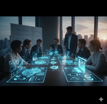 a group of people sitting around a table with a table with a laptop and a