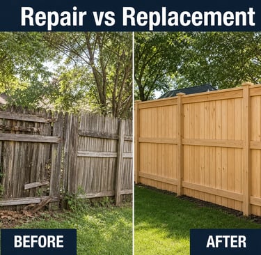 Before and after comparison of an old weathered wooden fence repair vs a new cedar privacy fence replacement.