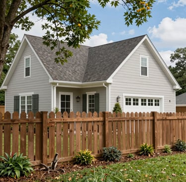 A light gray suburban house with a wood picket fence and a green lawn under a bright blue sky.