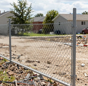 Durable silver chain link fence installed at a residential construction site for perimeter security.