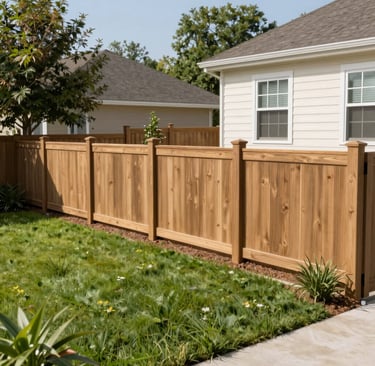 New cedar wood privacy fence installation in a residential backyard with green grass.
