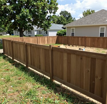 A backyard residential wooden privacy fence installed on a grassy lawn near suburban homes.