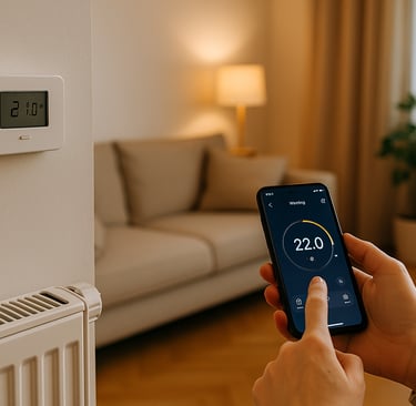 Modernes Wohnzimmer, Heizung per App gesteuert.