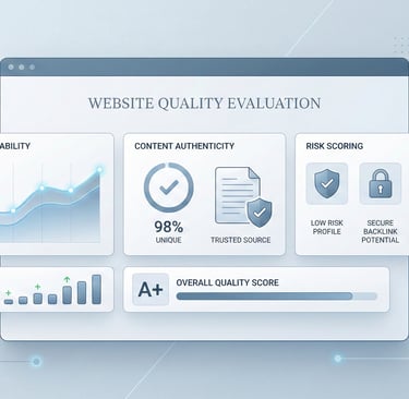 Website quality evaluation dashboard showing traffic stability, content authenticity, and risk scori