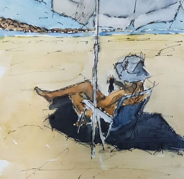 watercolor painting of a woman at a beach under an umbrella