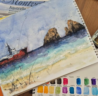 a watrecolor painting of a boat in the water