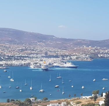 The golf of Parikia, paros with moored sailing boats