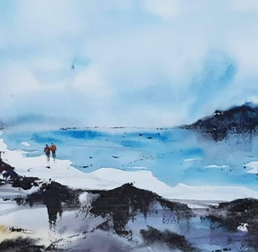 watercolor painting of a couple walkig by the beach