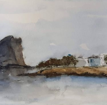 watercolor painting of a Paros lanscape