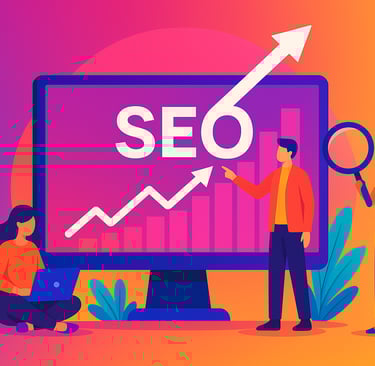 Magnifying glass over search bar representing search engine optimization.