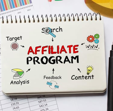 Digital graphic with bold text reading “Affiliate Marketing".