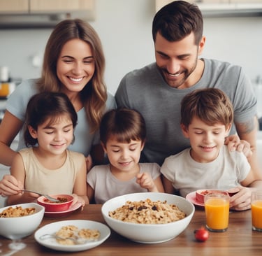 A happy family enjoying a breakfast with Avena Maribel.