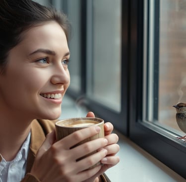 Young business owner smiling, looking out the window at a sparrow who helped her with marketing