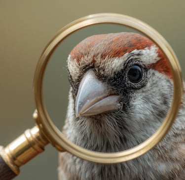 Sparrow Close up, looking through a magnifying glass, symbolizing SEE Website Audits