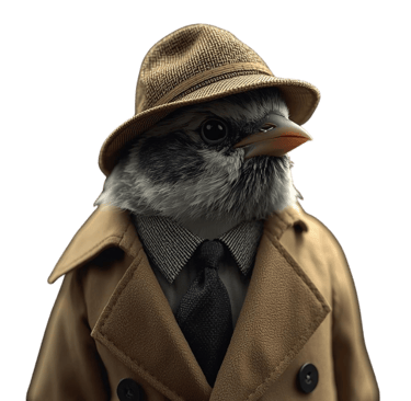 A realistic image of a sparrow, wearing a detective uniform, representing seo website audits