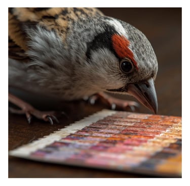 A sparrow examining color swatches and branding elements, for brand clarity and visual identity