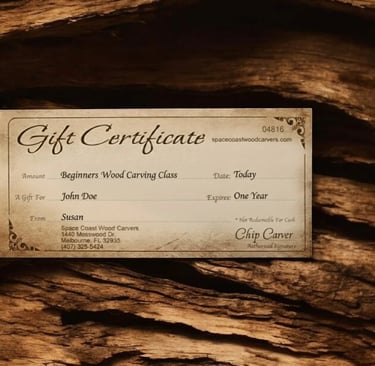 Wood carving class gift voucher for 2 day beginner workshop.