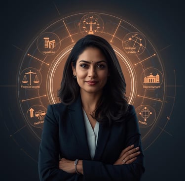 a woman in a business suit with a large circle of icons