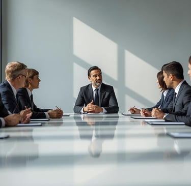 a group of business people sitting around a table