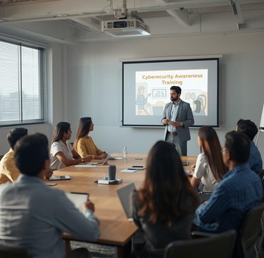 a man in a suit and tie is standing in front of a presentation