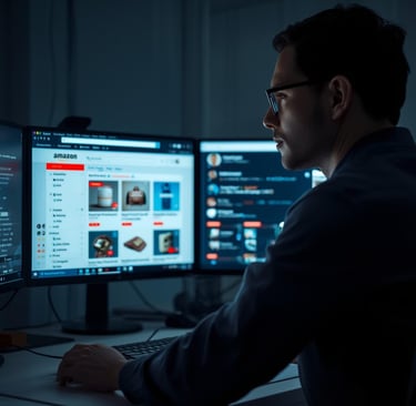a man sitting at a desk with two monitors and a keyboard