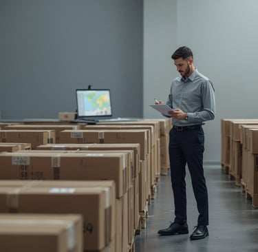 a man standing in a room with boxes of boxes