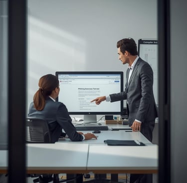 a man and woman in business attire standing in front of a computer screen