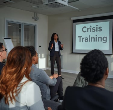 a woman in a business suit is standing in front of a presentation