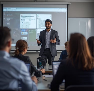 a man in a suit and tie is standing in front of a presentation
