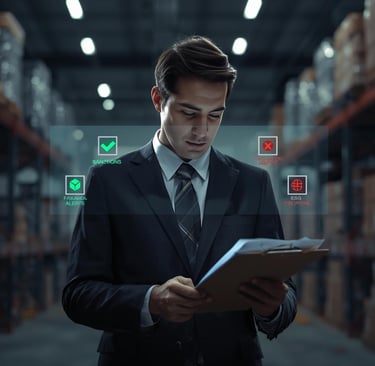 a man in a suit and tie is holding a clipboard
