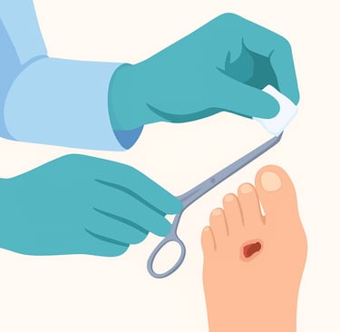 a medical professional treating a foot wound with debridement tools