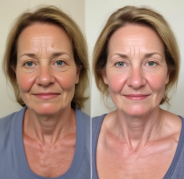 A close-up of a smiling woman enjoying a facial treatment, showcasing glowing skin and tranquility.