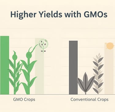 Bar chart comparing crop yields: GMO crops taller green bars vs conventional crops lower gray bars