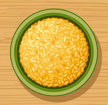Bowl of golden rice glowing with vitamin A icon, representing biofortification