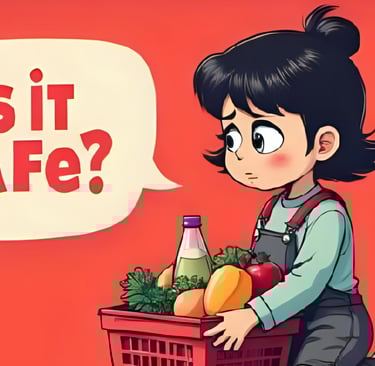 Worried consumer holding GMO-labeled groceries with speech bubble asking ‘Is it safe?