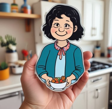 A happy customer holding a colorful Mafalda magnet in a cozy kitchen.