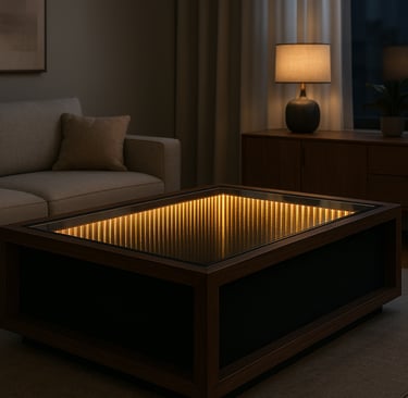a coffee table with a glass top and a couch