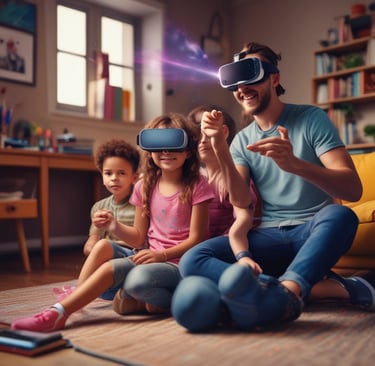 A vibrant virtual reality gaming arena filled with players.