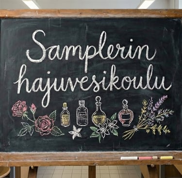 "Samplerin hajuvesikoulu" liitutaululle kirjoitettuna, taustalla laboratorio