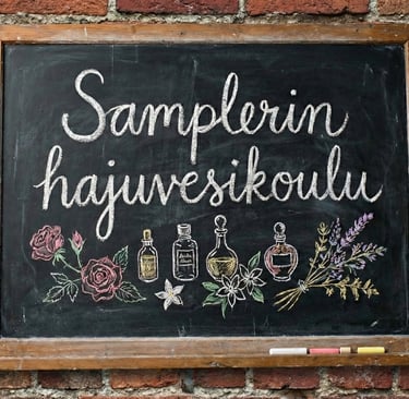 "Samplerin hajuvesikoulu" liitutaululle kirjoitettuna, taustalla vanha punatiiliseinä