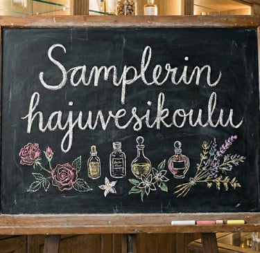 "Samplerin hajuvesikoulu" liitutaululle kirjoitettuna, taustalla vanhanaikainen hajuvesiliike